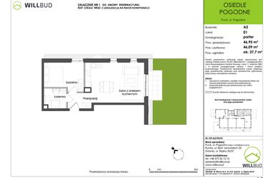 Rzut - Mieszkanie na sprzedaż 2 pokoje o powierzchni 46,09 m² - numer OP/A2/P0/01 w Osiedle Pogodne etap I