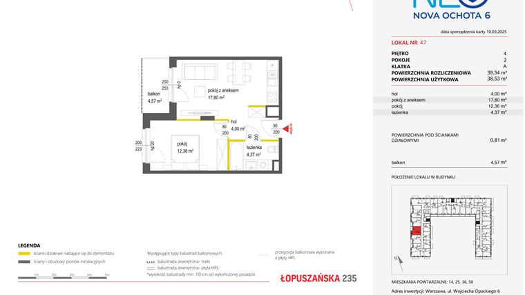Rzut - Mieszkanie na sprzedaż 2 pokoje o powierzchni 39,34 m² - numer 47 w Neo Nova Ochota 6