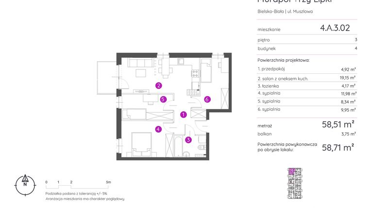 Rzut - Mieszkanie na sprzedaż 4 pokoje o powierzchni 58,71 m² - numer 4.A.3.02 w Murapol Trzy Lipki