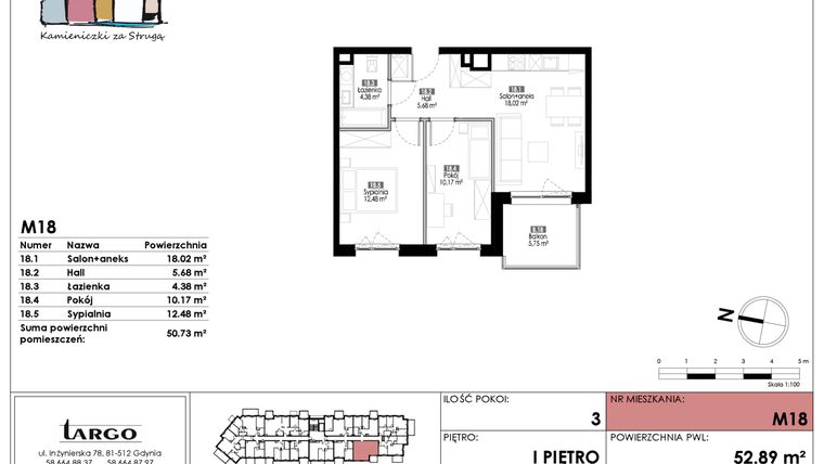 Rzut - Mieszkanie na sprzedaż 3 pokoje o powierzchni 50,73 m² - numer M18 w Kamieniczki za Strugą