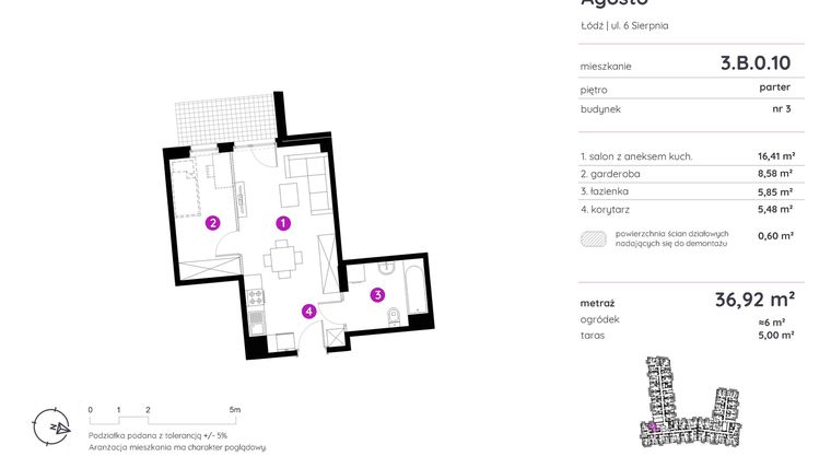 Rzut - Mieszkanie na sprzedaż 1 pokój o powierzchni 36,77 m² - numer 3.B.0.10 w Murapol Agosto