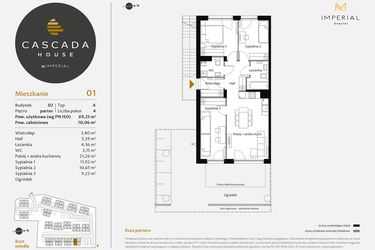 Rzut - Mieszkanie na sprzedaż 4 pokoje o powierzchni 69,49 m² - numer 2.1 w CASCADA House