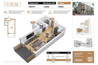 Rzut - Mieszkanie na sprzedaż 1 pokój o powierzchni 29,87 m² - numer B1.A.06 w Teatralna 3