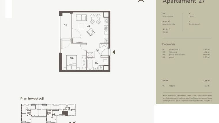 Rzut - Mieszkanie na sprzedaż 2 pokoje o powierzchni 41,63 m² - numer 27 w Monument