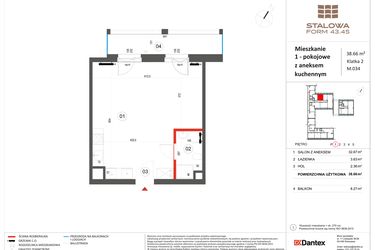 Rzut - Mieszkanie na sprzedaż 1 pokój o powierzchni 38,66 m² - numer 34 w Stalowa Form 43.45