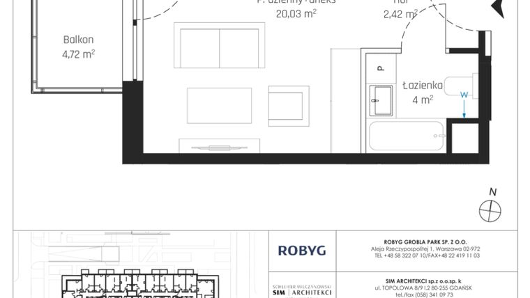 Rzut - Mieszkanie na sprzedaż 1 pokój o powierzchni 26,45 m² - numer J.2M28 w Nadmotławie Apartments etap J