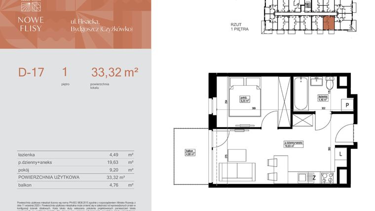 Rzut - Mieszkanie na sprzedaż 2 pokoje o powierzchni 33,32 m² - numer M17_NF.d w Nowe Flisy II