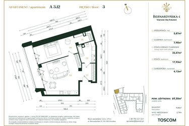 Rzut - Mieszkanie na sprzedaż 2 pokoje o powierzchni 69,3 m² - numer A/3/12 w Bernardyńska 4