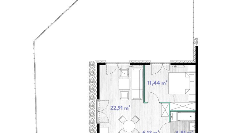 Rzut - Mieszkanie na sprzedaż 2 pokoje o powierzchni 45,29 m² - numer A.00.07 w Do Wilgi