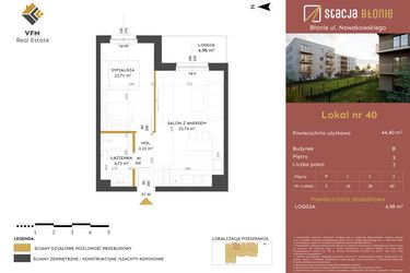 Rzut - Mieszkanie na sprzedaż 2 pokoje o powierzchni 44,4 m² - numer 40 w Stacja Błonie etap II