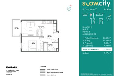 Rzut - Mieszkanie na sprzedaż 2 pokoje o powierzchni 39,38 m² - numer C1-28 w Slow City