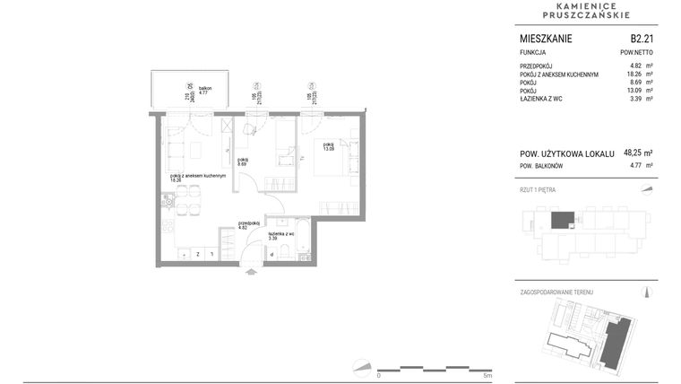 Rzut - Mieszkanie na sprzedaż 3 pokoje o powierzchni 48,25 m² - numer B2.21 w Kamienice Pruszczańskie