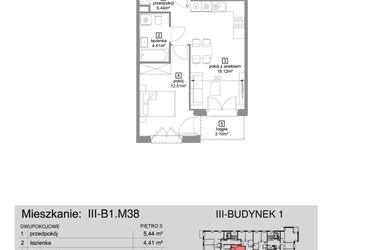 Rzut - Mieszkanie na sprzedaż 2 pokoje o powierzchni 40,48 m² - numer III-B1.M38 w Strefa Cegielnia 3