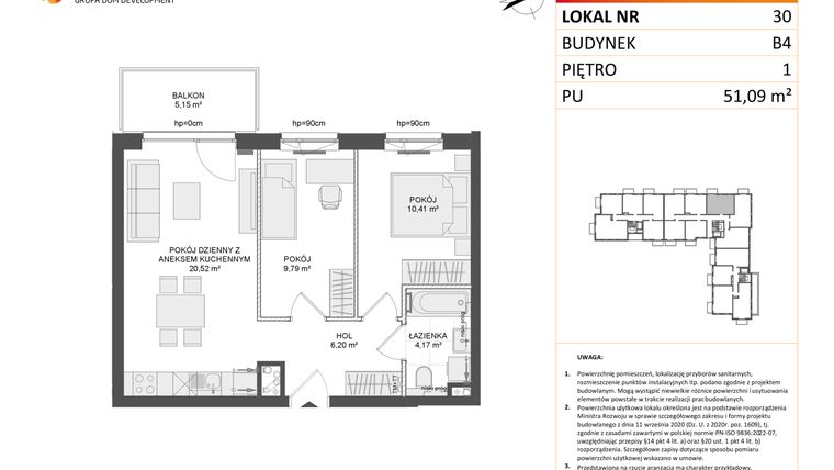 Rzut - Mieszkanie na sprzedaż 3 pokoje o powierzchni 51,09 m² - numer B4.30 w Osiedle Przy Błoniach 3 etap III