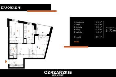 Rzut - Mieszkanie na sprzedaż 2 pokoje o powierzchni 51,72 m² - numer 23/5 w Odrzańskie Bulvary