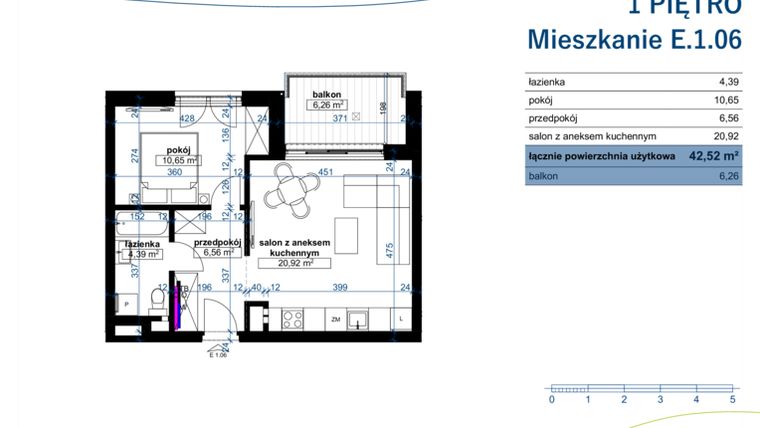 Rzut - Mieszkanie na sprzedaż 2 pokoje o powierzchni 42,52 m² - numer E.1.06 w Wzgórze Poetów 2