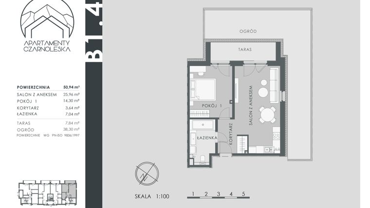 Rzut - Mieszkanie na sprzedaż 2 pokoje o powierzchni 50,94 m² - numer B1.4 w Apartamenty Czarnoleska