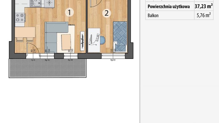 Rzut - Mieszkanie na sprzedaż 2 pokoje o powierzchni 37,23 m² - numer G3-08 w Smolec pod Wrocławem Dobry Deweloper Milo