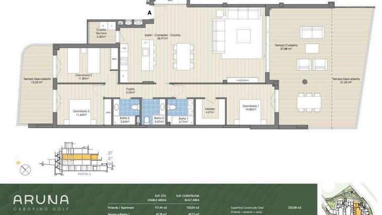 Rzut - Mieszkanie na sprzedaż 3 pokoje o powierzchni 193 m² - numer P2-P1-A w Aruna