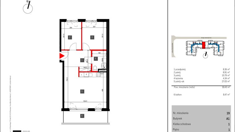 Rzut - Mieszkanie na sprzedaż 3 pokoje o powierzchni 59,43 m² - numer 19 w Mochtyńska 56