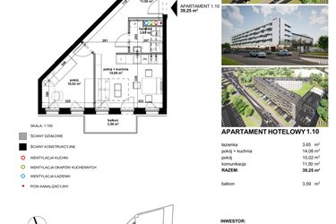 Rzut - Mieszkanie na sprzedaż 2 pokoje o powierzchni 39,5 m² - numer 1.10 w Apartamentowiec Zwycięska 3 - inwestycyjne