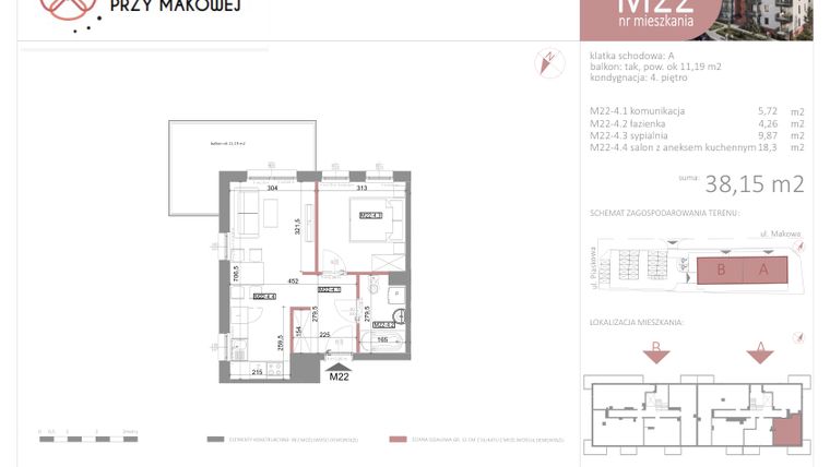 Rzut - Mieszkanie na sprzedaż 2 pokoje o powierzchni 38,15 m² - numer 22 w Przy Makowej