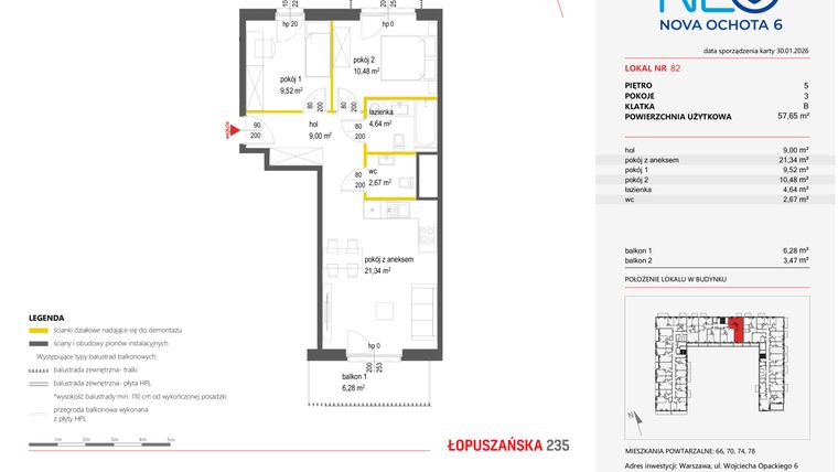 Rzut - Mieszkanie na sprzedaż 3 pokoje o powierzchni 57,65 m² - numer 82 w Neo Nova Ochota 6