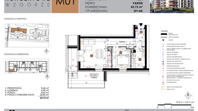 Rzut - Mieszkanie na sprzedaż 2 pokoje o powierzchni 43,57 m² - numer B1.01 w Koncertowe Wzgórze