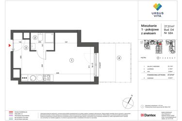 Rzut - Mieszkanie na sprzedaż 1 pokój o powierzchni 27,31 m² - numer D-68A w Ursus Vita - bud. D