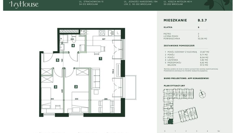 Rzut - Mieszkanie na sprzedaż 3 pokoje o powierzchni 52,06 m² - numer B.3.7 w IVY HOUSE