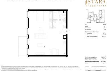 Rzut - Mieszkanie na sprzedaż 1 pokój o powierzchni 57,61 m² - numer 2.02 w Stara Farbiarnia