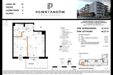 Rzut - Mieszkanie na sprzedaż 2 pokoje o powierzchni 44,15 m² - numer 12 w Powstańców Residence