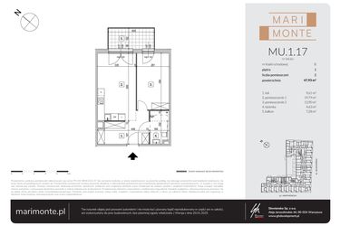 Rzut - Mieszkanie na sprzedaż 2 pokoje o powierzchni 47,93 m² - numer MU.1.17 w Marimonte - apartamenty inwestycyjne
