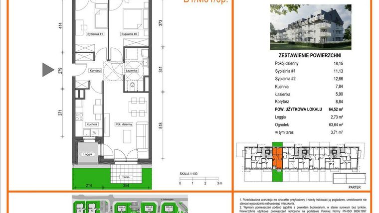 Rzut - Mieszkanie na sprzedaż 3 pokoje o powierzchni 64,52 m² - numer B1/M01/0P w Zielony Brochów 7