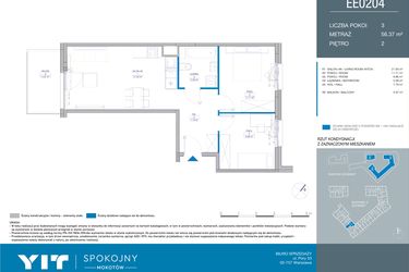 Rzut - Mieszkanie na sprzedaż 3 pokoje o powierzchni 56,37 m² - numer EE0204 w Spokojny Mokotów
