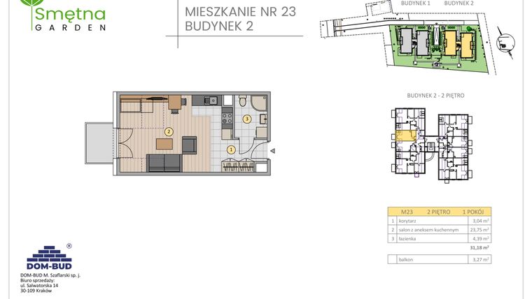 Rzut - Mieszkanie na sprzedaż 1 pokój o powierzchni 31,18 m² - numer 23 w Smętna Garden