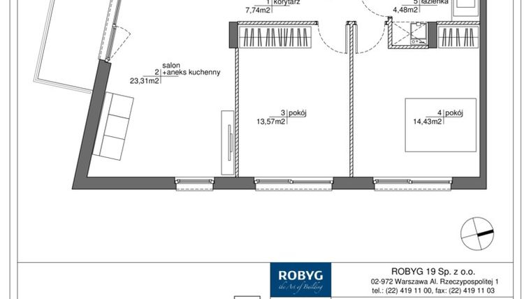 Rzut - Mieszkanie na sprzedaż 3 pokoje o powierzchni 63,45 m² - numer RM/1A/A/2/7 w Rytm Mokotowa - etap 1A