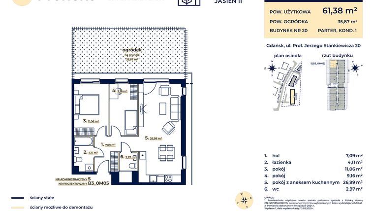Rzut - Mieszkanie na sprzedaż 3 pokoje o powierzchni 61,38 m² - numer B3_0M05 w Kaskada Jasień - etap II