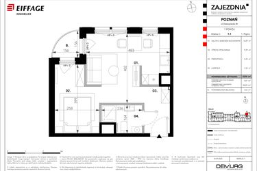 Rzut - Mieszkanie na sprzedaż 1 pokój o powierzchni 32,96 m² - numer C.1.1 w Zajezdnia
