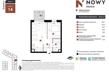 Rzut - Mieszkanie na sprzedaż 2 pokoje o powierzchni 40,02 m² - numer A14 w Nowy Reden