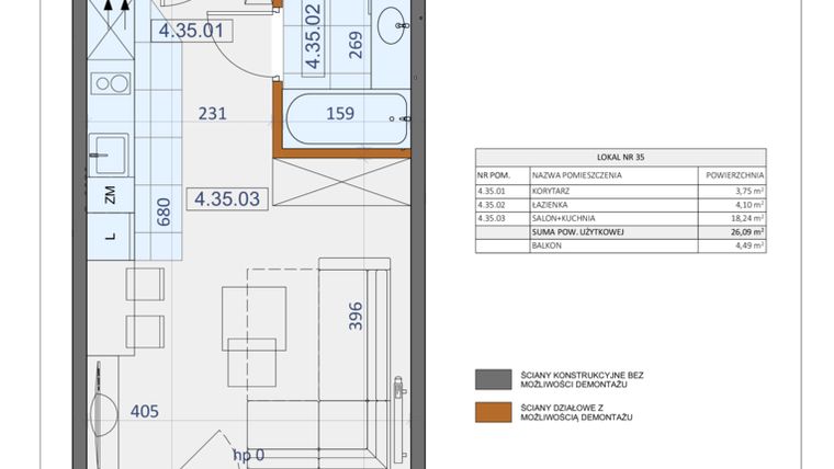 Rzut - Mieszkanie na sprzedaż 1 pokój o powierzchni 26,09 m² - numer 35 w Osiedle Zycha