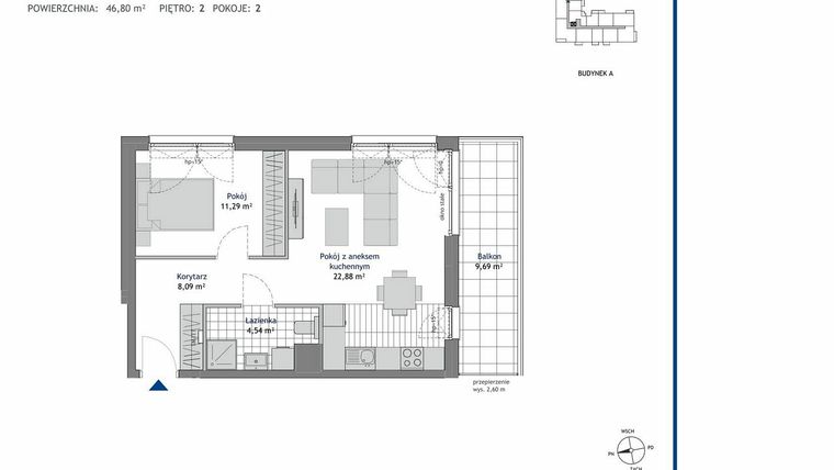 Rzut - Mieszkanie na sprzedaż 2 pokoje o powierzchni 46,8 m² - numer A.2.3 w Linea bud. A