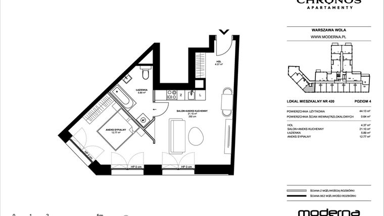 Rzut - Mieszkanie na sprzedaż 2 pokoje o powierzchni 44,13 m² - numer 420 w Chronos etap II