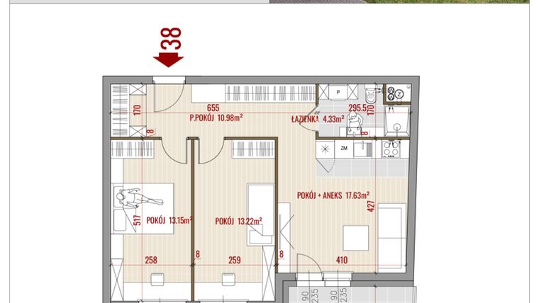 Rzut - Mieszkanie na sprzedaż 3 pokoje o powierzchni 59,31 m² - numer B1.38 w HUZAR B1