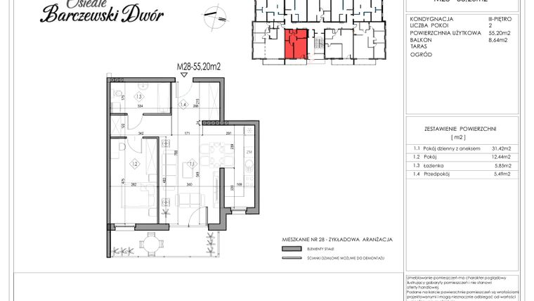 Rzut - Mieszkanie na sprzedaż 2 pokoje o powierzchni 55,2 m² - numer 28 w Osiedle Barczewski Dwór etap II