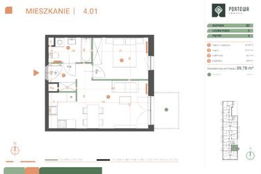 Rzut - Mieszkanie na sprzedaż 2 pokoje o powierzchni 39,7 m² - numer M.04.01 w Casa Feliz Portowa