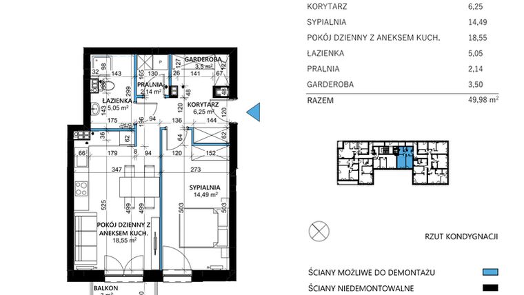 Rzut - Mieszkanie na sprzedaż 2 pokoje o powierzchni 49,78 m² - numer 14 w Comfort Corner
