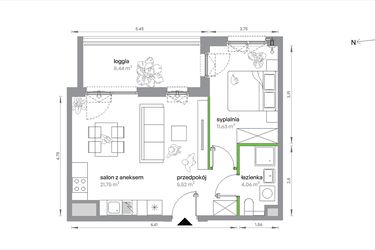 Rzut - Mieszkanie na sprzedaż 2 pokoje o powierzchni 42,96 m² - numer 1/A/2/4 w Sochaczewska Vita