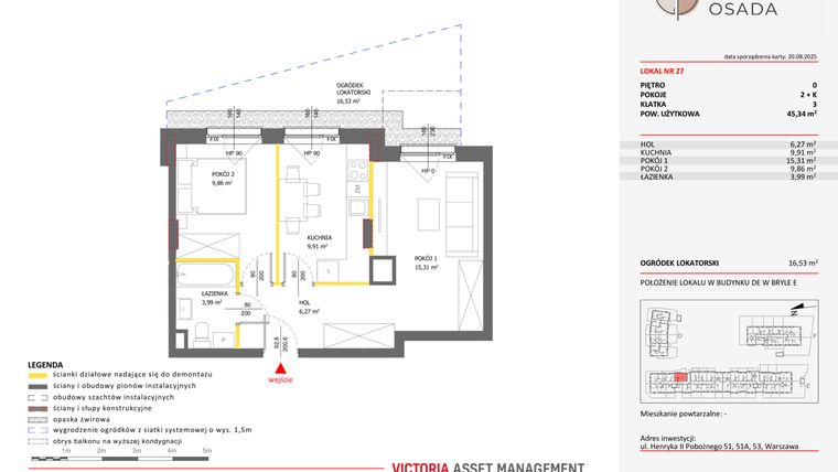 Rzut - Mieszkanie na sprzedaż 2 pokoje o powierzchni 45,34 m² - numer E.27 w Piastova Osada