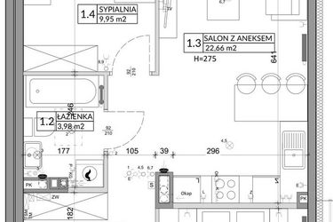 Rzut - Mieszkanie na sprzedaż 3 pokoje o powierzchni 56,89 m² - numer 75B w Osiedle Młodych etap VII